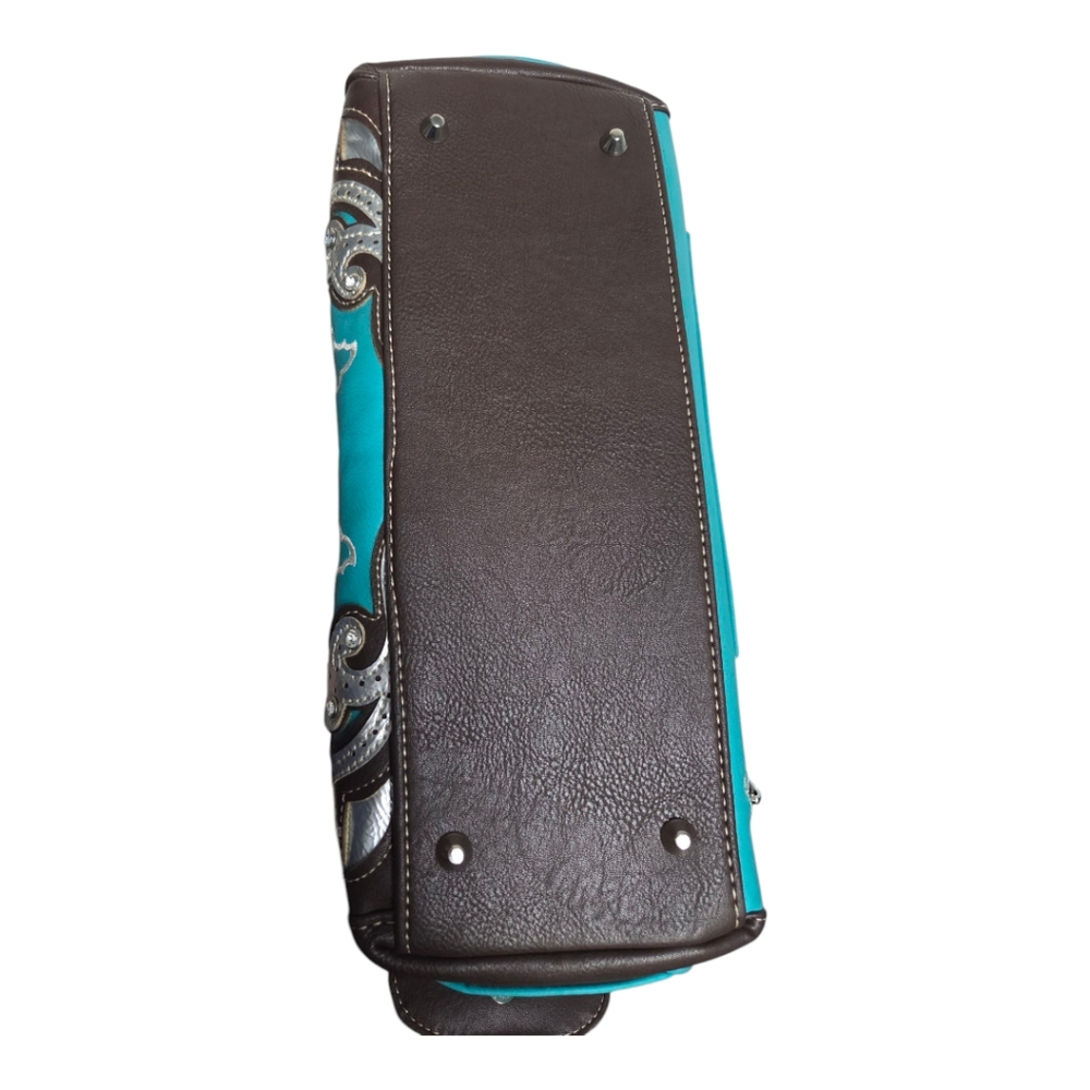 Western Rhinestone Turquoise Brown Conceal Carry Buckle Floral Women's Handbag - Picture 6 of 16